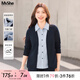 MsShe【通勤拼接條紋襯衫假兩件針織上衣】大碼女裝2025秋裝胖mm 長袖-藏青藍色現(xiàn)貨 2XL