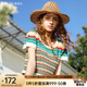 Olrain歐芮兒彩色條紋針織衫女夏季新款甜美撞色鏤空短袖多巴胺 彩色 M