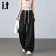 izzueit美式拼接工裝褲女秋季潮流高腰寬松顯瘦梨型身材休閑闊腿長(cháng)褲子
