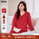 MsShe【全棉】大碼女裝2025秋裝胖mm蕾絲拼接免穿文胸家居服套裝 中國紅色現貨 4XL
