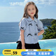圖圖小象女童襯衫新款兒童蝴蝶結(jié)娃娃衫中大童短袖 藍(lán)色  150 身高約150cm