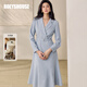 ROEYSHOUSE羅衣優(yōu)雅系帶淺藍色西裝連衣裙春季時(shí)尚麻料中長(cháng)裙12794 淺藍色 XL
