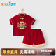 優(yōu)奇嬰兒夏季薄款短袖套裝紅色喜慶新中式滿月男童周歲禮服分體兩件套