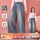 ASK JUNIOR蝴蝶結燙鉆兒童褲子女童2025秋闊腿牛仔褲休閑長(cháng)褲 藍色 160
