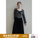 獨束大碼女裝法式優(yōu)雅撞色連衣裙冬新款復古方領(lǐng)微胖mm中長(cháng)款裙子 灰黑色 M