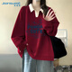 真維斯（Jeanswest）衛衣女秋冬新款2025Polo領(lǐng)學(xué)院風(fēng)印花寬松外套小個(gè)子薄款上衣服