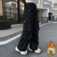 細仔碼頭兒童裝女童工裝闊腿褲中大童女孩休閑直筒褲加絨秋冬裝長(cháng)褲子潮酷 黑色加絨款 160