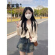 唐菓蜜早秋連衣裙女2025新款女裝韓系減齡漂亮初戀清純奶甜小個(gè)子套裝裙 杏色上衣+牛仔短裙 M