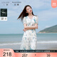 三彩大碼女裝2025夏新款V領(lǐng)印花連衣裙短袖收腰清新蝴蝶結胖MM