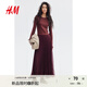 H&M女裝T恤莫代爾混紡顯瘦打底衫長袖內(nèi)搭上衣0999727 酒紅色 L 170/104