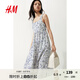 H&M女裝無(wú)領(lǐng)連衣裙25夏方領(lǐng)法式喇叭印花吊帶設計感碎花裙1287798 白色/藍色圖案 XS 155/80