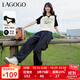 LAGOGO撞色翻領(lǐng)短袖T恤女拉谷谷春季新款休閑透氣插肩短款上衣 米黑(TW) S