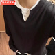 凌卡戚假兩件v領(lǐng)長(cháng)袖t恤男秋季美式復古雙層圓領(lǐng)衛衣亨利衫內搭 高級黑 高版本 S 80-110斤左右