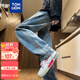 唐獅（TonLion）2025春男側邊拼接小標直筒牛仔長(cháng)褲 牛仔藍 XL 