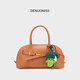 特洛利思（DENUONISS）水晶植鞣頭層牛皮保齡球包復古鎖扣手提包女斜跨包輕奢真皮貝殼包 焦糖色