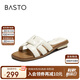 百思圖25夏一字拖簡(jiǎn)約休閑粗跟女拖鞋F3161BT5 米色 38