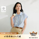 茵曼涼感亞麻法式系帶襯衫夏季女裝寬松蝙蝠袖襯衣上衣 淺藍(lán)色  XL