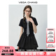 VEGA CHANG黑色連衣裙女2025新款夏學院風格紋領(lǐng)帶收腰顯瘦小黑裙 優(yōu)雅黑 M