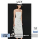 LILY微光裙2025春法式一字領(lǐng)不對(duì)稱收腰高級(jí)感茶歇裙吊帶連衣裙女 604米白 L