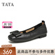 他她（TATA）單鞋女鞋2025夏季新款皮鞋生巧奶油平底軟底不累腳晚晚鞋 黑色（寬版）[膚感牛皮]-XGJ01 37