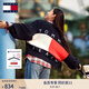 TOMMY JEANS【寬松燈籠袖】秋冬女裝美式學(xué)院風(fēng)純棉撞色V領(lǐng)針織開衫外套 藏青白紅拼色C1G S   （推薦：100-115斤）