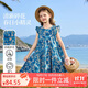 ASK JUNIOR兒童純棉裙子夏女大童飛袖連衣裙青少年碎花裙荷葉邊 藍色  130 