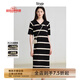 旅途原品【明星同款】ltyp真絲亞麻棉休閑V字翻領(lǐng)條紋針織連衣裙女中長(cháng)裙 杏黑色-經(jīng)典條紋-真絲亞麻棉 L -XL-165-170cm（現貨）