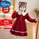 迪士尼寶寶女童連衣裙加絨2024新款秋冬過年服公主連衣裙寶寶洋氣周歲禮服裙 紅色加絨加厚 90 建議身高80CM