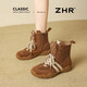 ZHR加絨短靴女復古德訓拳擊鞋內增高顯瘦高幫休閑鞋女 KD99A 棕色 37