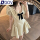 DGOV法式千金風(fēng)蝴蝶結短袖波點(diǎn)連衣裙女裝26夏季新款收腰顯瘦欲短裙子 米白色  S 【80斤-95斤】