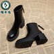 啄木鳥(niǎo)真皮高跟馬丁靴女2026年春秋季新款粗跟小踝靴瘦瘦女鞋小個(gè)子短靴 黑色（單里） 38