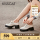 KISSCAT接吻貓【奧利奧】厚底增高樂福鞋新款真皮系帶小皮鞋學院風單鞋 米白色 38
