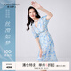 秋水伊人100%桑蠶絲原創(chuàng  )連衣裙夏新款女真絲法式V領(lǐng)泡泡袖裙 花料 L