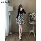 她芙（tafu）品牌女裝長(cháng)袖碎花連衣裙女2025年春秋新款法式復古氣質(zhì)小個(gè)子裙子 黑色 M