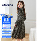 Markos國際品牌時(shí)尚長(cháng)袖連衣裙2025新款女春秋季小個(gè)子法式雪紡碎花裙子 黑綠碎花 M