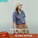 茵曼復(fù)古花邊V領(lǐng)格子襯衫2025夏季女裝新款度假風(fēng)短袖襯衣 藏青藍(lán) 63.1%棉 36.9%聚酯纖維 M