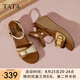 他她（TATA）法式坡跟涼鞋女鞋度假風(fēng)一字帶涼鞋2025夏季新款7MYA1BL5 杏/棕 37