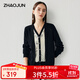 兆君2025早秋桑蠶絲新款水墨印花針織衫女V領(lǐng)假兩件開(kāi)衫薄款上衣 曜石黑 XL