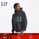 GAP男女裝碳素軟磨抓絨格紋logo連帽衛衣上衣609221 灰色 165/88A(S)亞洲尺碼