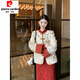 皮爾卡丹（pierre cardin）復古新中式國風(fēng)提花夾棉外套女秋冬紅色套裝旗袍連衣裙長(cháng)裙兩件套 外套+旗袍 XL