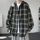 格斯嵐帝2025新款日系格子襯衫男春秋季休閑寬松連帽潮流復古男生長(cháng)袖外套 黑綠格 XL （推薦130-145斤）