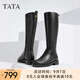他她（TATA）大筒圍真皮騎士靴女靴子粗跟氣質(zhì)加絨長筒靴秋冬7TG87DG4 黑色 38