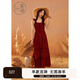 紫涵（ZIHAN）紫涵荷葉邊打攬吊帶裙女夏季法式度假風(fēng)A字大裙擺連衣裙 復古紅 M