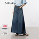 MO&Co.牛仔半身裙夏棉質(zhì)中低腰疊褶長(cháng)款剪邊精裁前短后長(cháng)摩安珂 牛仔藍色 M 165