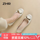 ZHR淺口單鞋女春秋粗跟通勤女鞋優(yōu)雅方扣真牛皮船鞋女 AH378 米色 38