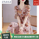 ZXEGI收腰顯瘦100%桑蠶絲真絲連衣裙夏季新款時(shí)尚印花韓版高端A字裙女 粉色 2XL （116-125斤）