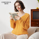 科蒙博卡秋冬V領(lǐng)長(cháng)袖寬松羊絨衫女純色精致鉤花針織毛衣 麥穗黃 L