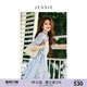 JESSIE法式度假風(fēng)連衣裙夏季新款女短袖收腰裙子 藍色 XL