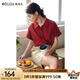 Olrain歐芮兒2025夏季新款紅色復(fù)古法式短袖襯衫寬松設(shè)計(jì)感女上衣 紅色 S