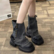 沐霓 牛仔褲管靴女厚底小個(gè)子英倫風(fēng)馬丁靴2025新款復古堆堆短靴子 黑色 37